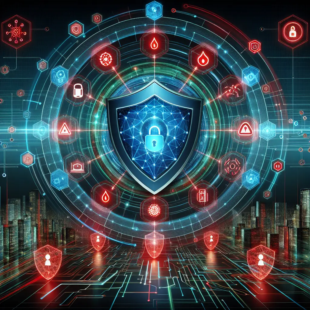 Futuristic cybersecurity threat analysis and protection, with a glowing shield detecting and blocking cyber threats in a high-tech network environment.