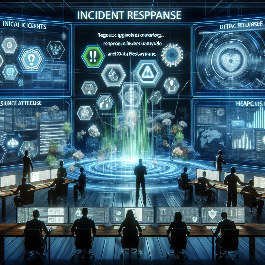 Incident response planning concept, with a team managing and mitigating cyberattacks using real-time monitoring and proactive security measures.