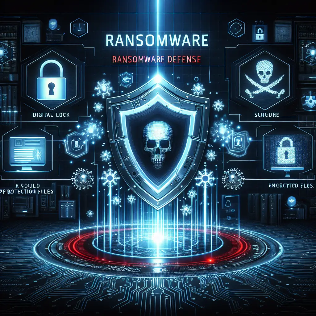 Ransomware defense concept, with a digital shield blocking ransomware attacks and protecting business data from encryption.