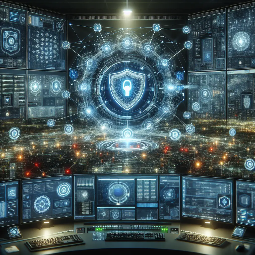 Network security monitoring concept, with a control center actively analyzing real-time network data and identifying potential security threats.