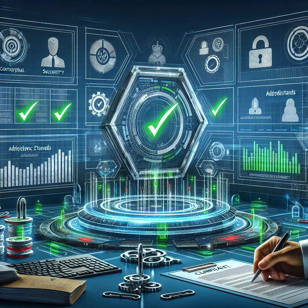 Compliance audit concept, showing a digital dashboard with audit reports and checklists for ensuring business compliance with security regulations.