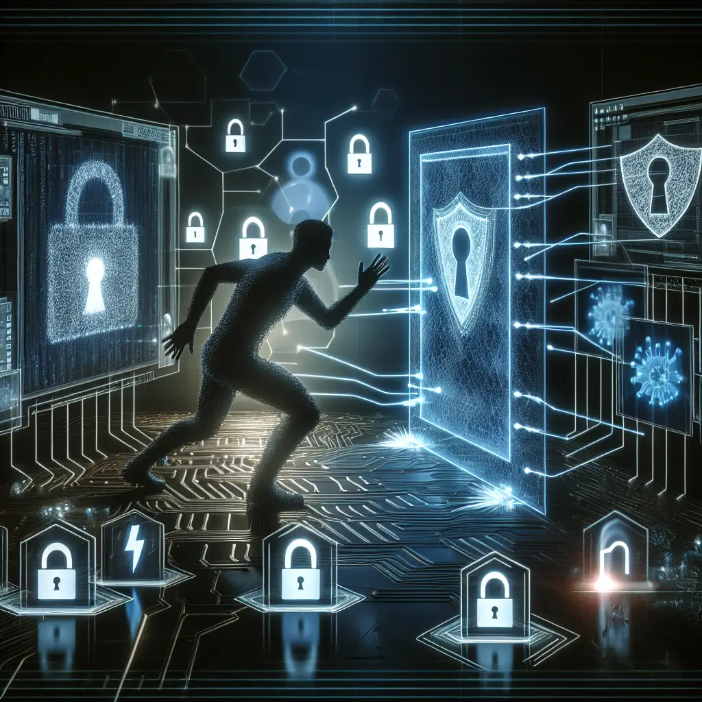 Penetration testing concept, with virtual attackers trying to breach a secure network, while firewalls and digital barriers protect the system.