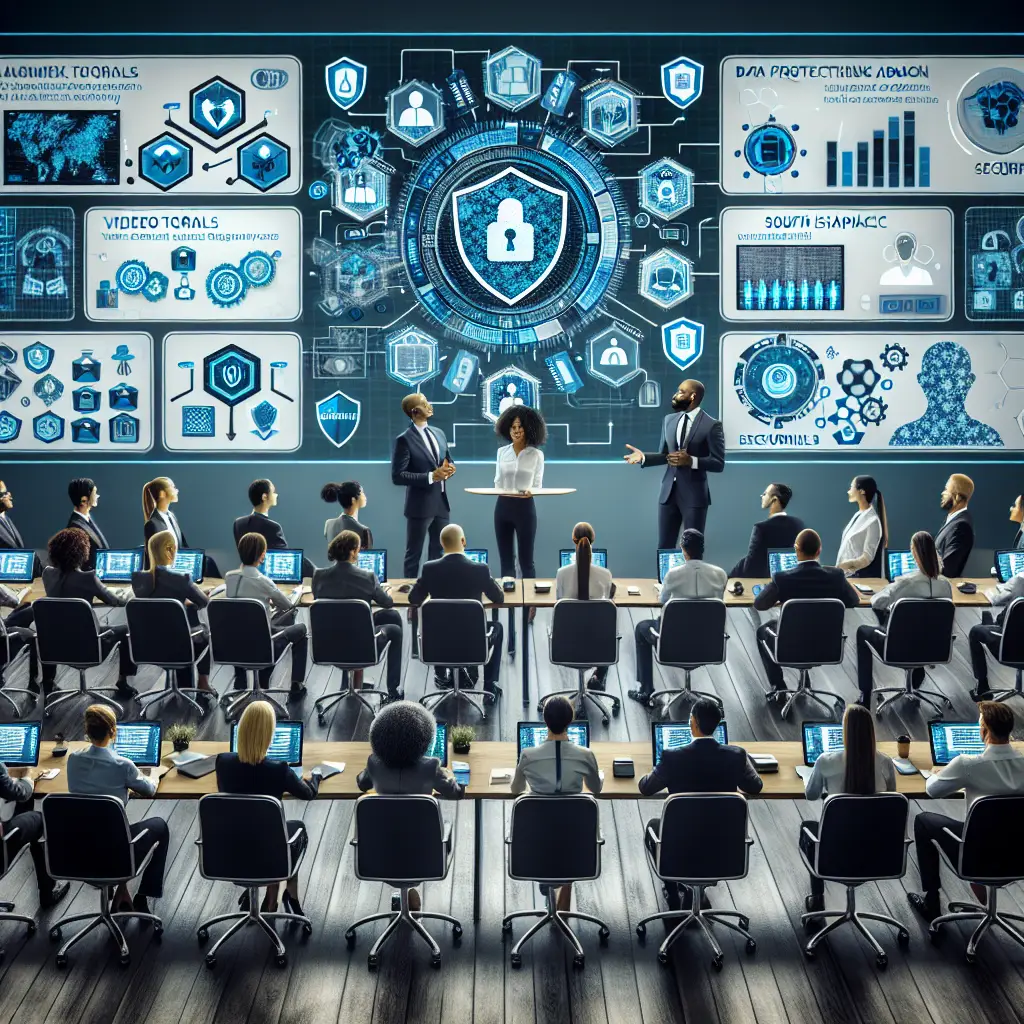 Cybersecurity education system concept, with employees engaging in interactive training modules on a secure digital platform to enhance cybersecurity awareness.