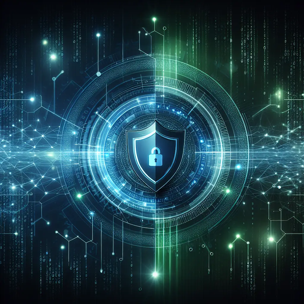 Futuristic cybersecurity shield protecting a business's digital infrastructure with interconnected nodes and secure data streams, symbolizing advanced protection and trust